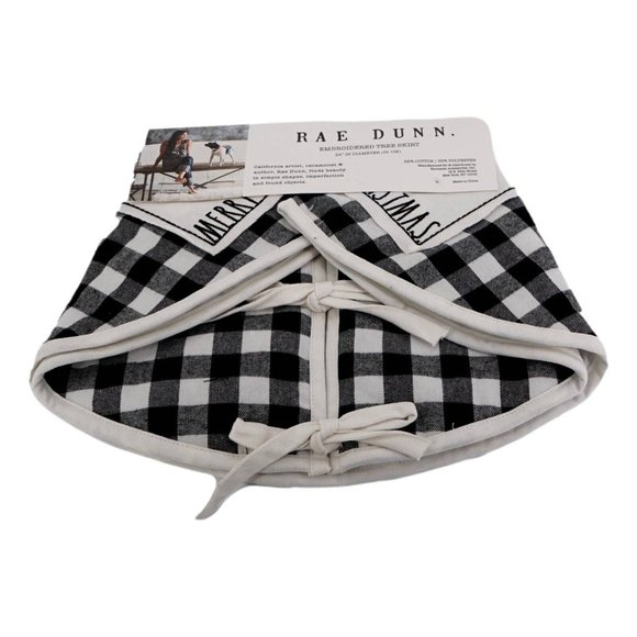 Rae Dunn Tree Skirt MERRY CHRISTMAS Black White Check Embroidered 24 in diam New - Picture 2 of 4
